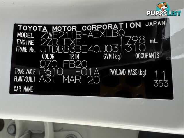 2020 TOYOTA COROLLA ASCENT SPORT (HYBRID) ZWE211R SEDAN