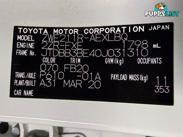 2020 TOYOTA COROLLA ASCENT SPORT (HYBRID) ZWE211R SEDAN