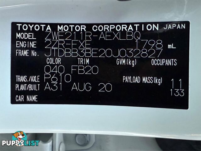 2020 TOYOTA COROLLA ASCENT SPORT (HYBRID) ZWE211R SEDAN