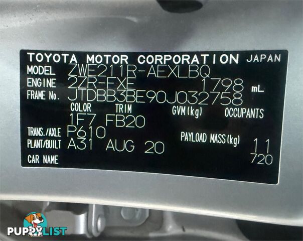 2020 TOYOTA COROLLA ASCENT SPORT (HYBRID) ZWE211R SEDAN