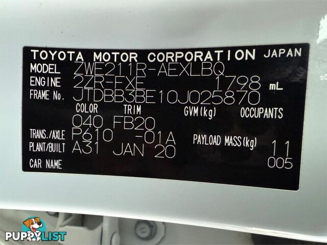 2020 TOYOTA COROLLA ASCENT SPORT (HYBRID) ZWE211R SEDAN