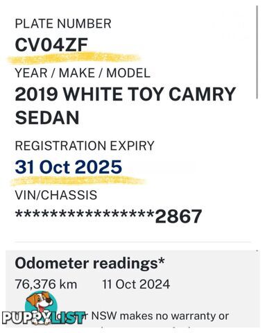 2019 TOYOTA CAMRY ASCENT ASV70R MY19 SEDAN