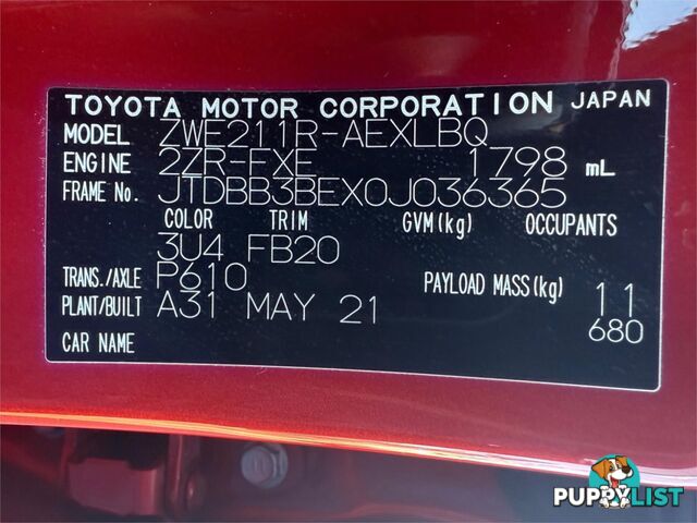 2021 TOYOTA COROLLA ASCENT SPORT (HYBRID) ZWE211R SEDAN