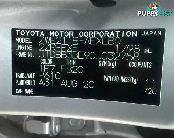 2020 TOYOTA COROLLA ASCENT SPORT (HYBRID) ZWE211R SEDAN