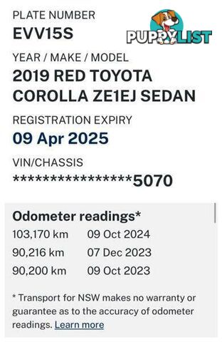 2019 TOYOTA COROLLA ASCENT SPORT MZEA12R SEDAN