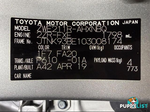 2019 TOYOTA COROLLA ASCENT SPORT (HYBRID) ZWE211R HATCHBACK