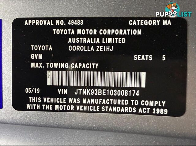 2019 TOYOTA COROLLA ASCENT SPORT (HYBRID) ZWE211R HATCHBACK