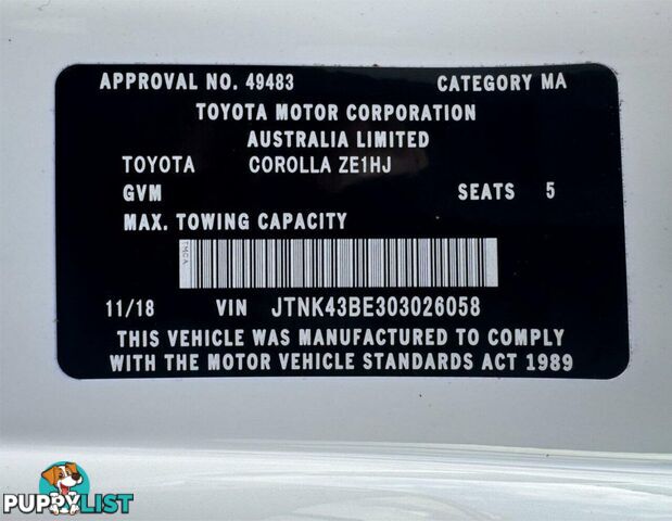 2018 TOYOTA COROLLA ASCENT SPORT MZEA12R HATCHBACK