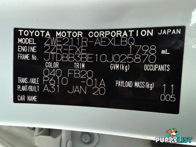 2020 TOYOTA COROLLA ASCENT SPORT (HYBRID) ZWE211R SEDAN