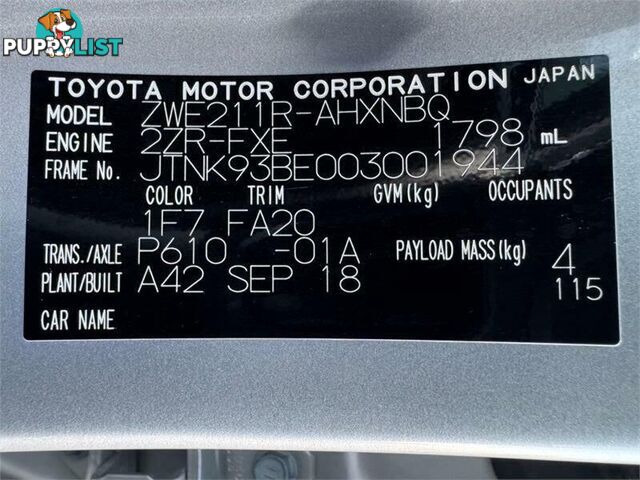 2018 TOYOTA COROLLA ASCENT SPORT (HYBRID) ZWE211R HATCHBACK