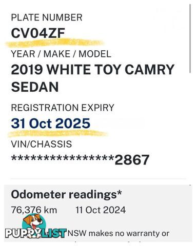 2019 TOYOTA CAMRY  ASCENT ASV70R MY19 4D SEDAN