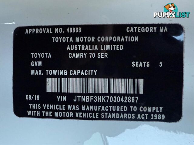 2019 TOYOTA CAMRY  ASCENT ASV70R MY19 4D SEDAN
