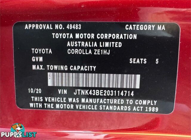 2020 TOYOTA COROLLA SX MZEA12R HATCHBACK