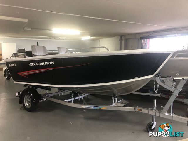 Brand new Savage 435 Scorpion TS (tiller steer) open aluminium boat, motor, trailer package in stock!