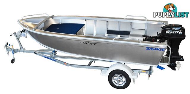 Brand new Savage 445 Osprey open tiller steer aluminium boat in stock. 