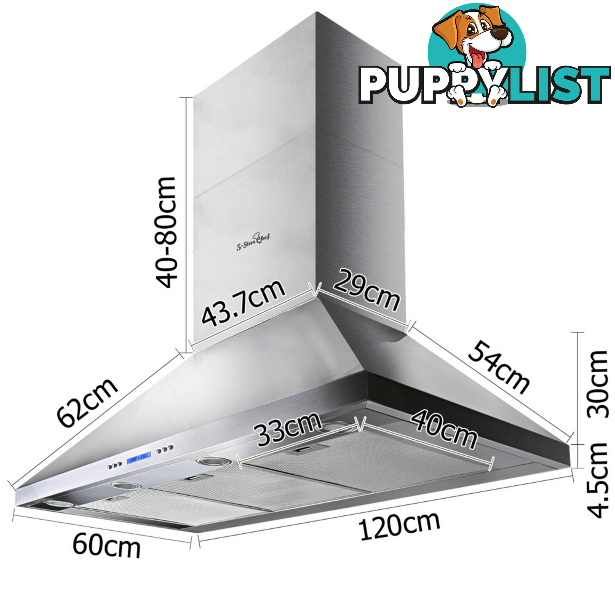 5 Star Chef 3 Fan Speed Rangehood 120cm