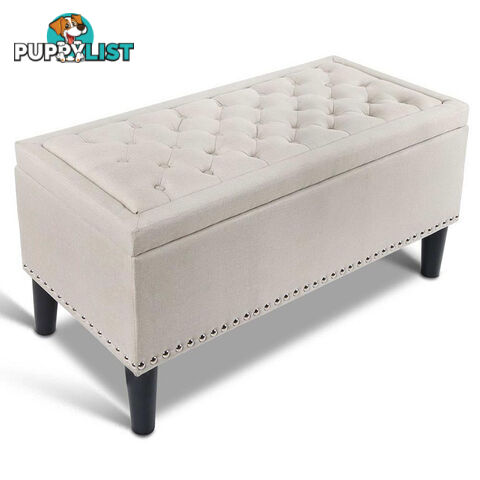 Linen Fabric Storage Ottoman with Studs  Taupe