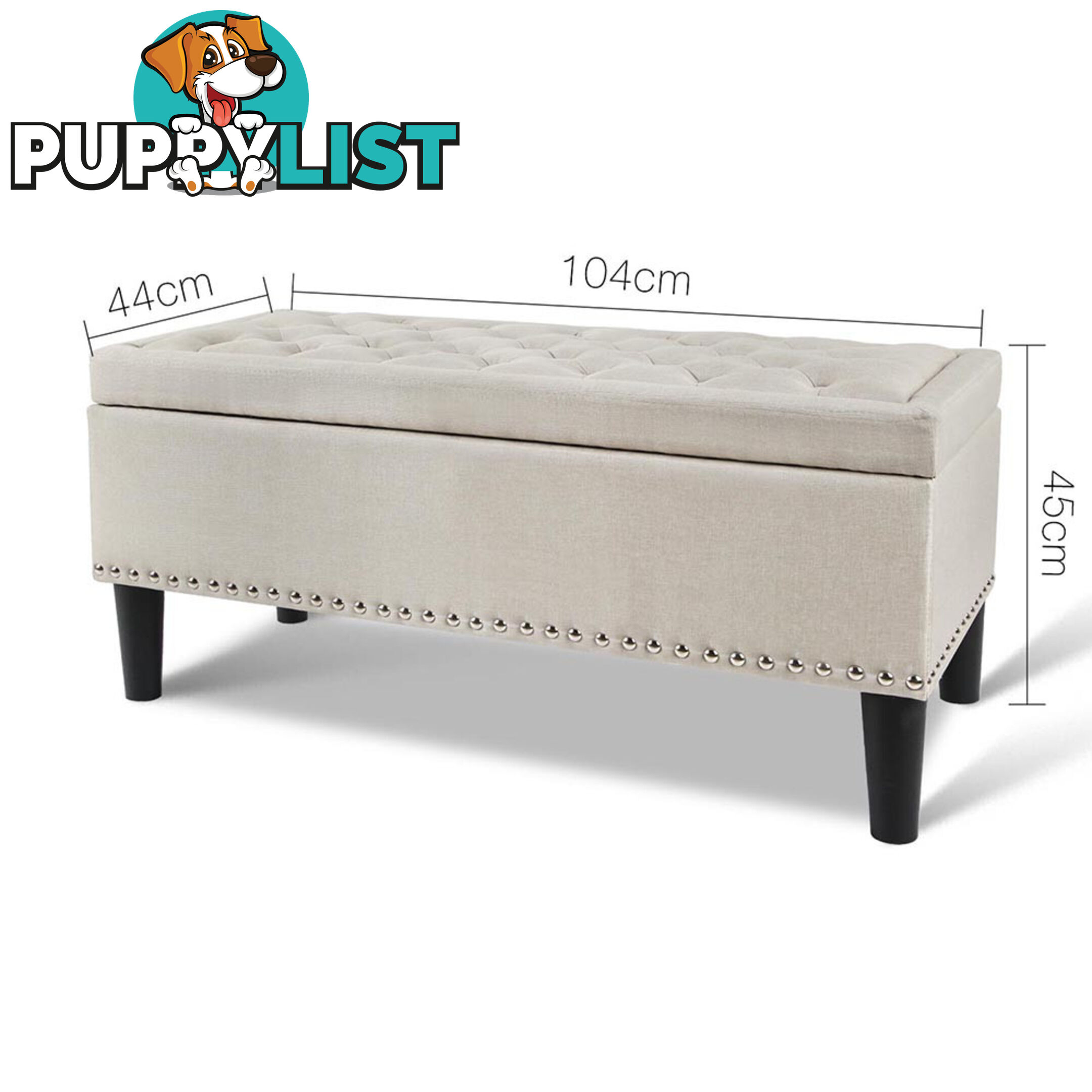 Linen Fabric Storage Ottoman with Studs  Taupe