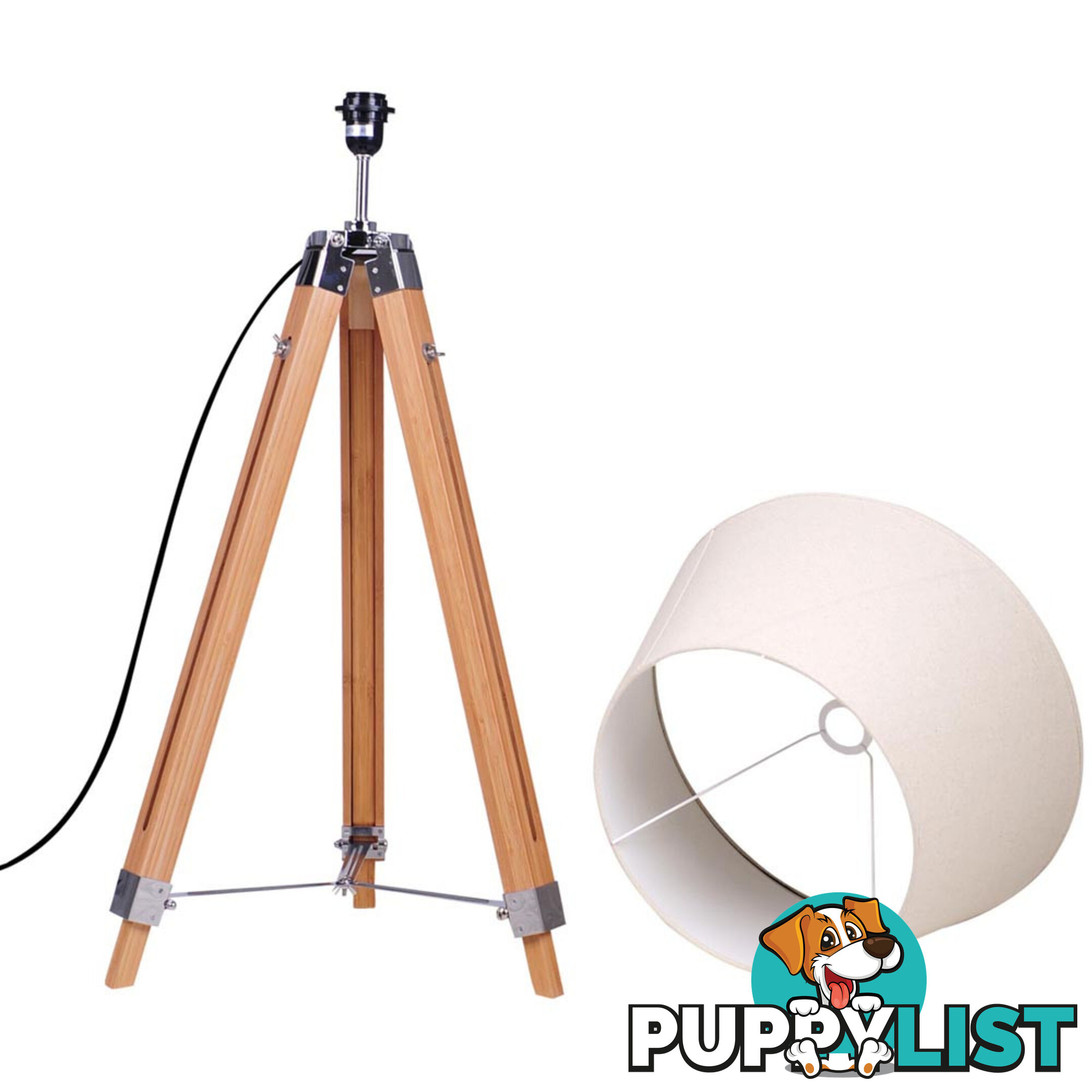 Floor Lamp Wooden Tripod Beige Linen Shade Bamboo Brown