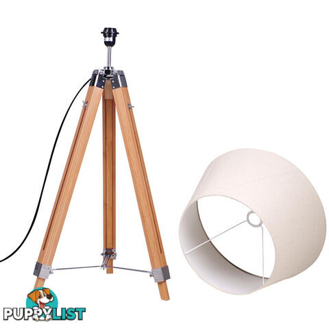 Floor Lamp Wooden Tripod Beige Linen Shade Bamboo Brown