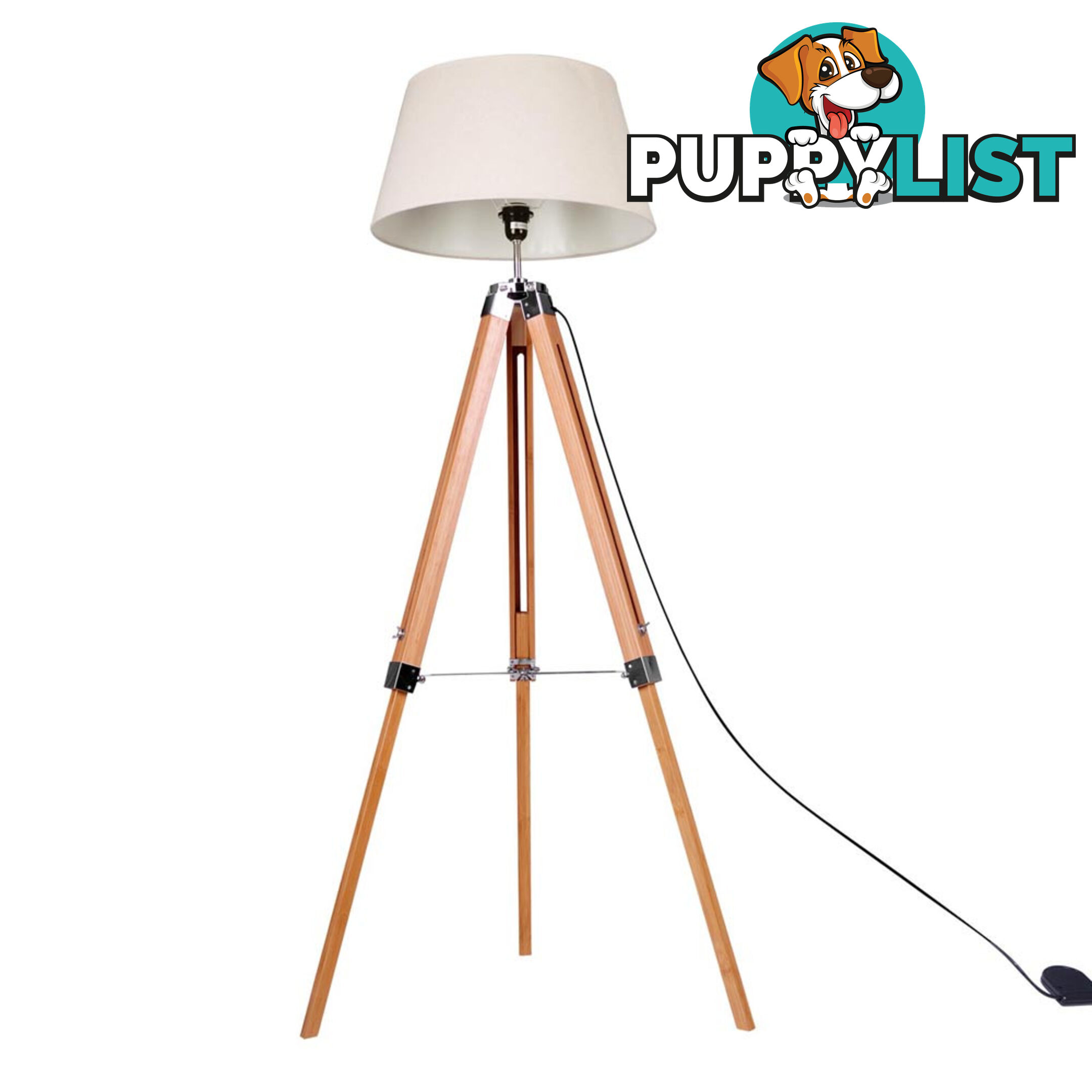 Floor Lamp Wooden Tripod Beige Linen Shade Bamboo Brown