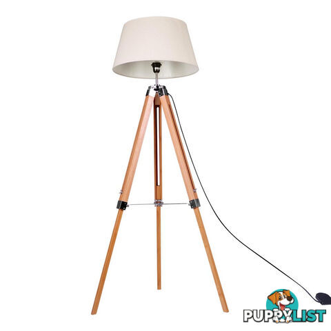 Floor Lamp Wooden Tripod Beige Linen Shade Bamboo Brown