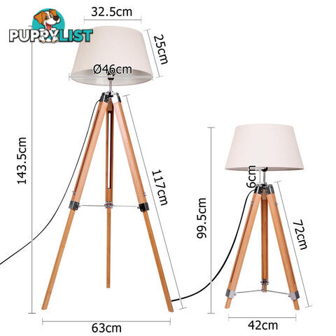 Floor Lamp Wooden Tripod Beige Linen Shade Bamboo Brown