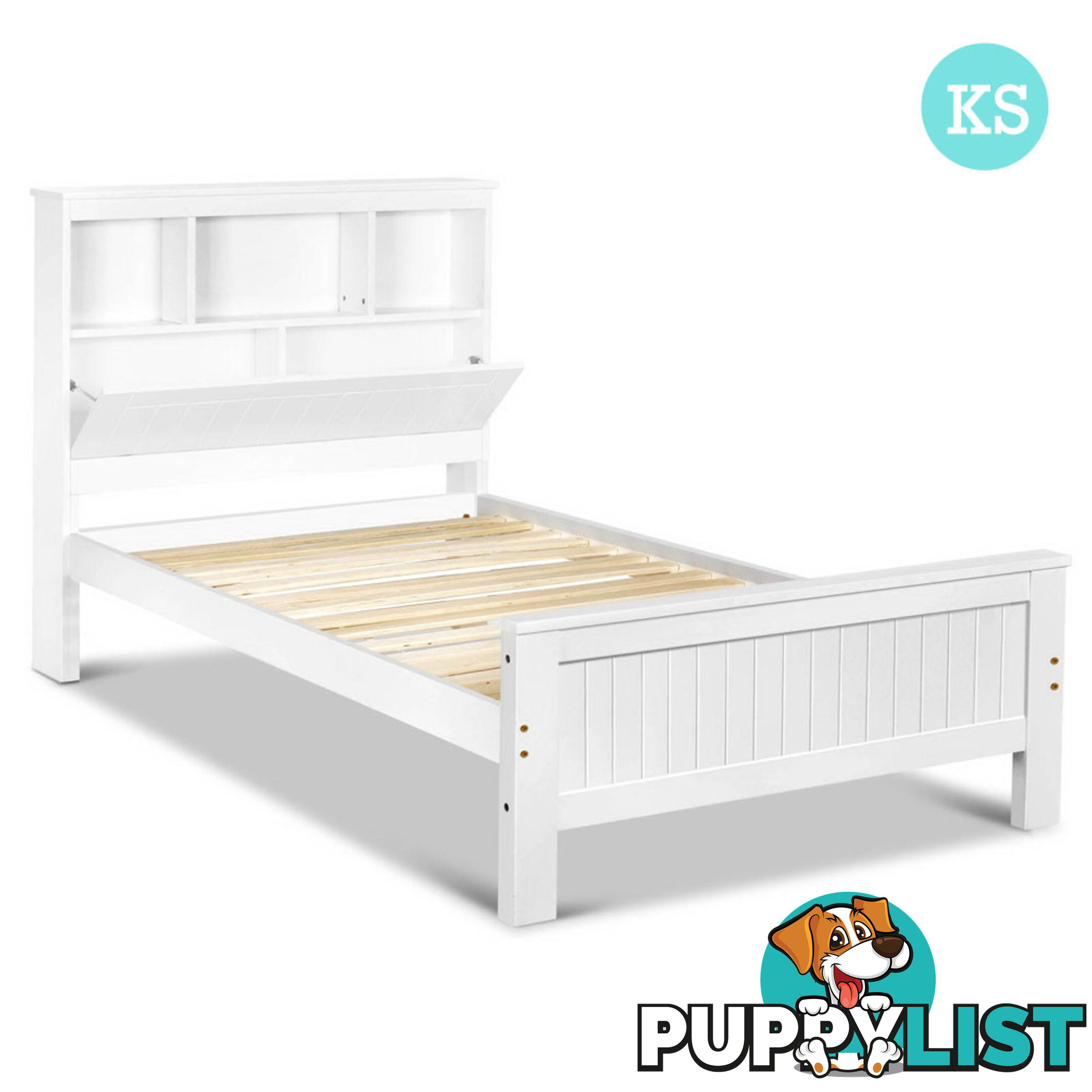 King Single Wooden Bedframe with Storage Shelf  - White