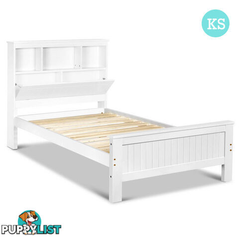 King Single Wooden Bedframe with Storage Shelf  - White