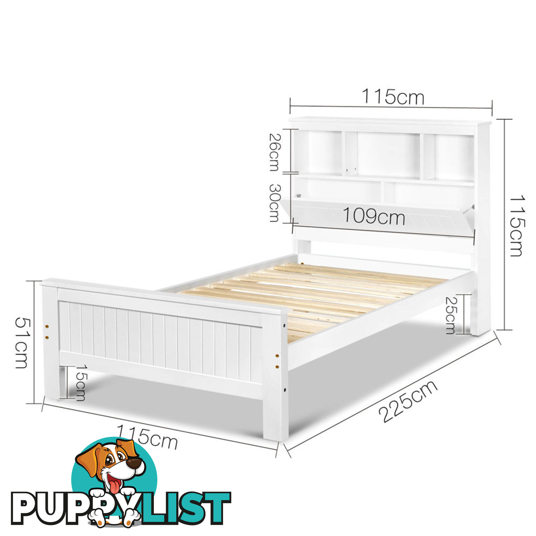 King Single Wooden Bedframe with Storage Shelf  - White