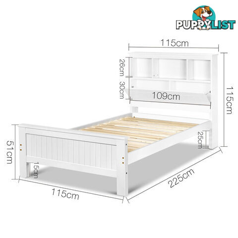 King Single Wooden Bedframe with Storage Shelf  - White