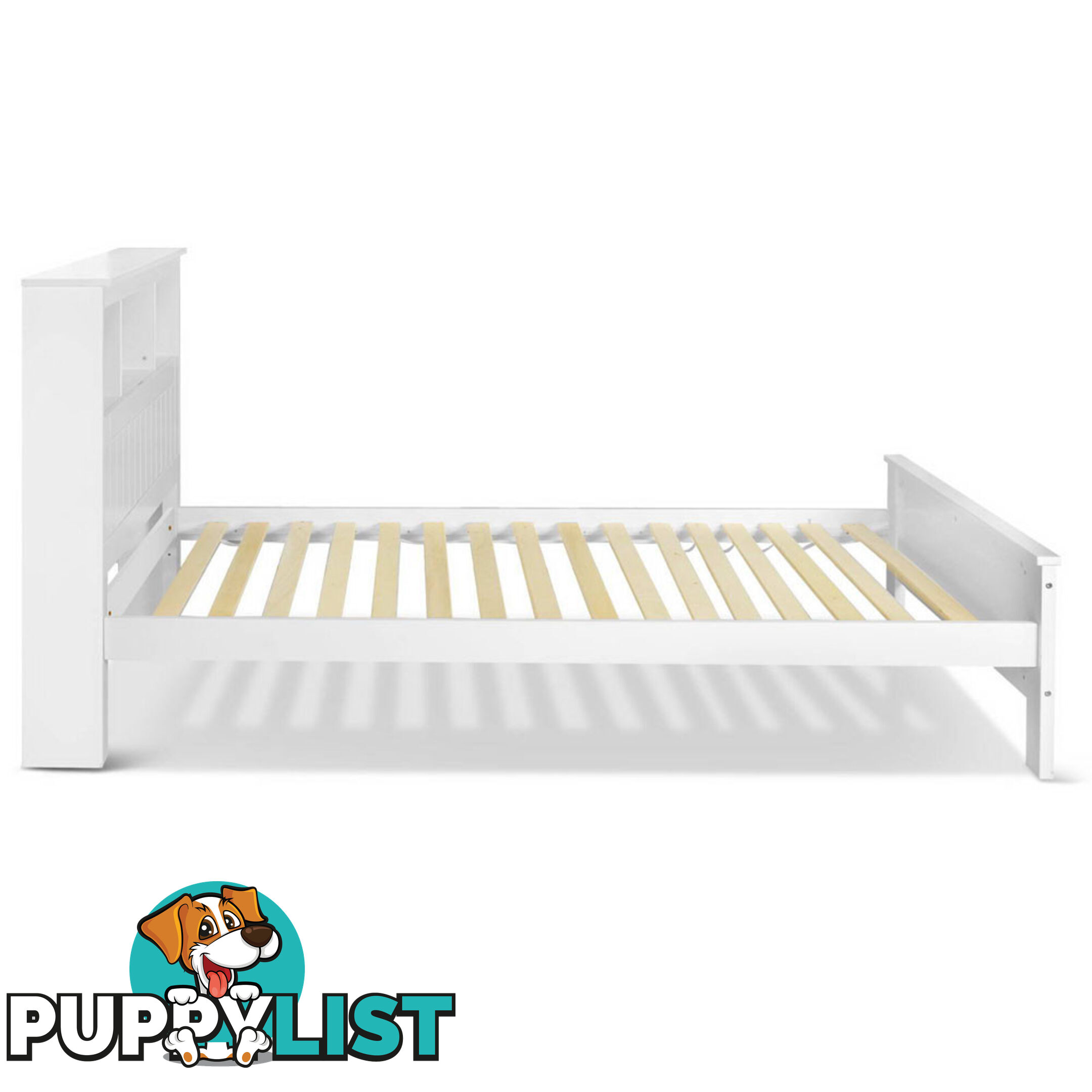 King Single Wooden Bedframe with Storage Shelf  - White