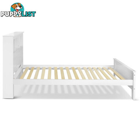 King Single Wooden Bedframe with Storage Shelf  - White