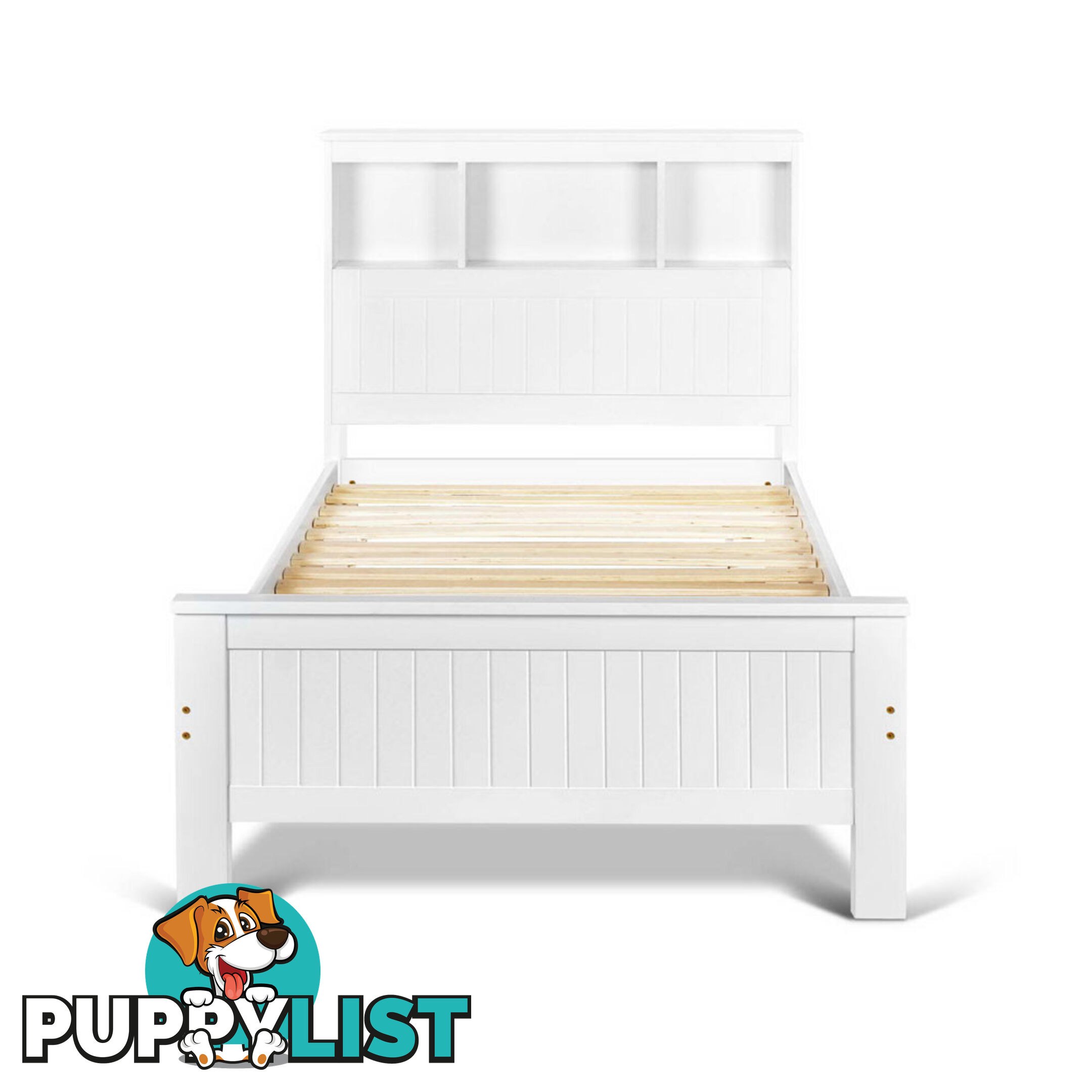 King Single Wooden Bedframe with Storage Shelf  - White