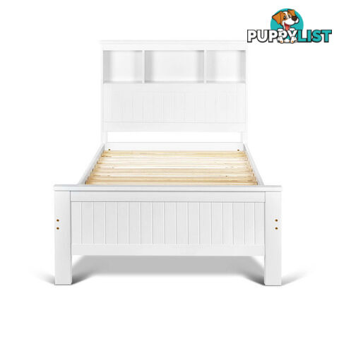 King Single Wooden Bedframe with Storage Shelf  - White