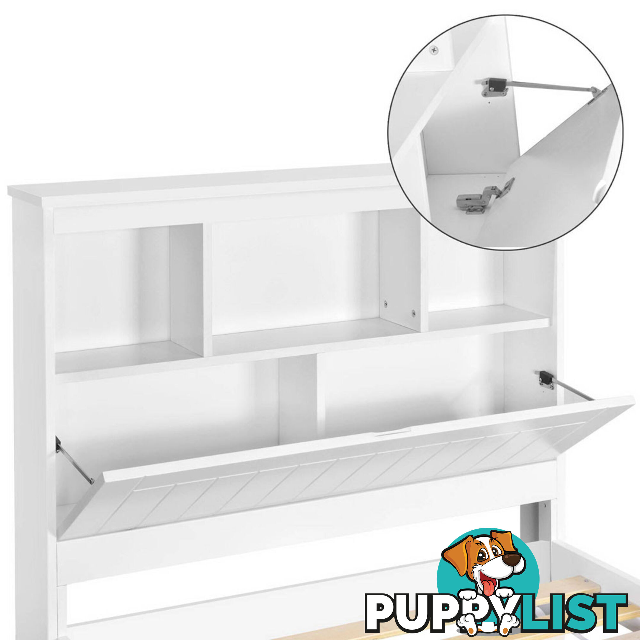 King Single Wooden Bedframe with Storage Shelf  - White