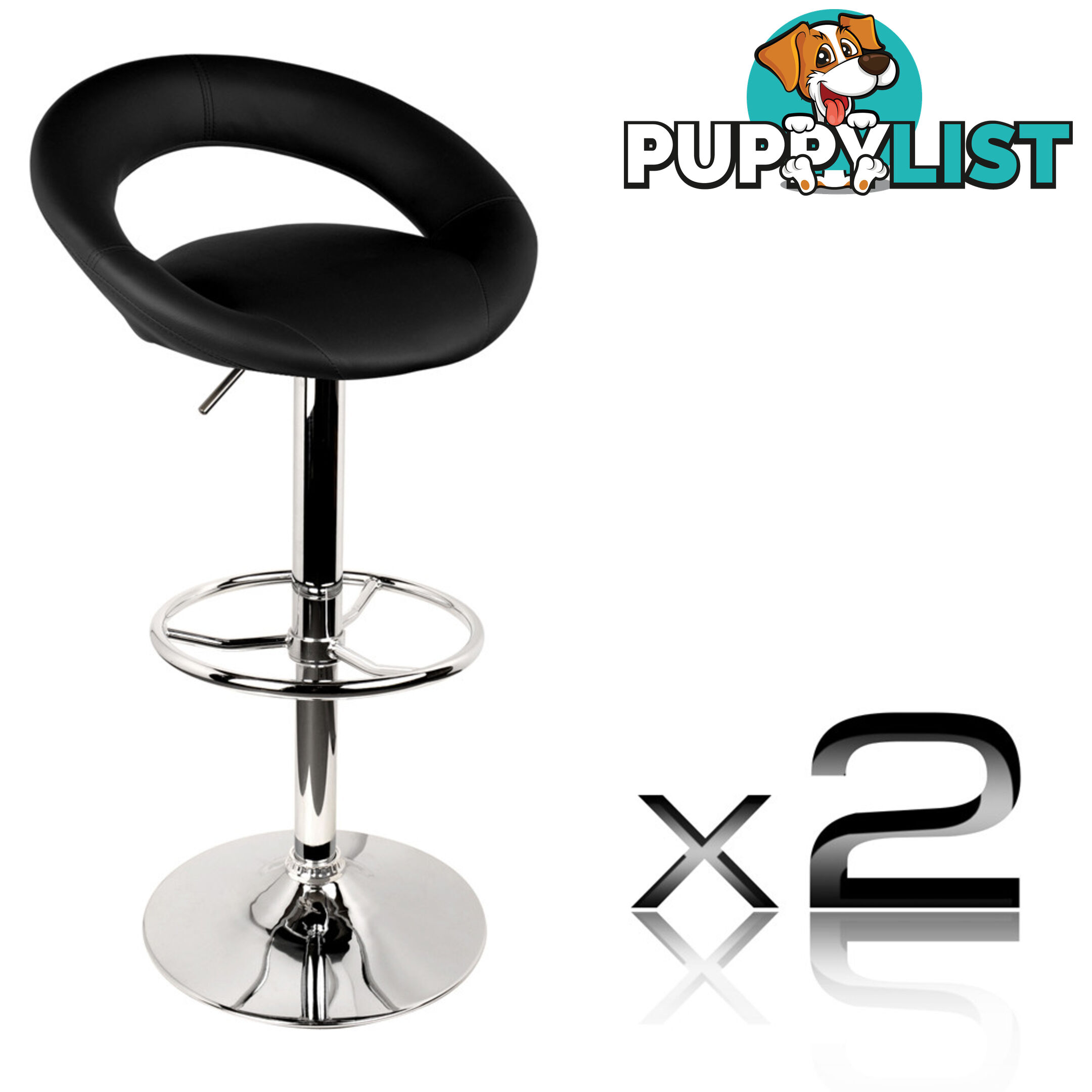 Set of 2 PU Leather Kitchen Bar Stool Black