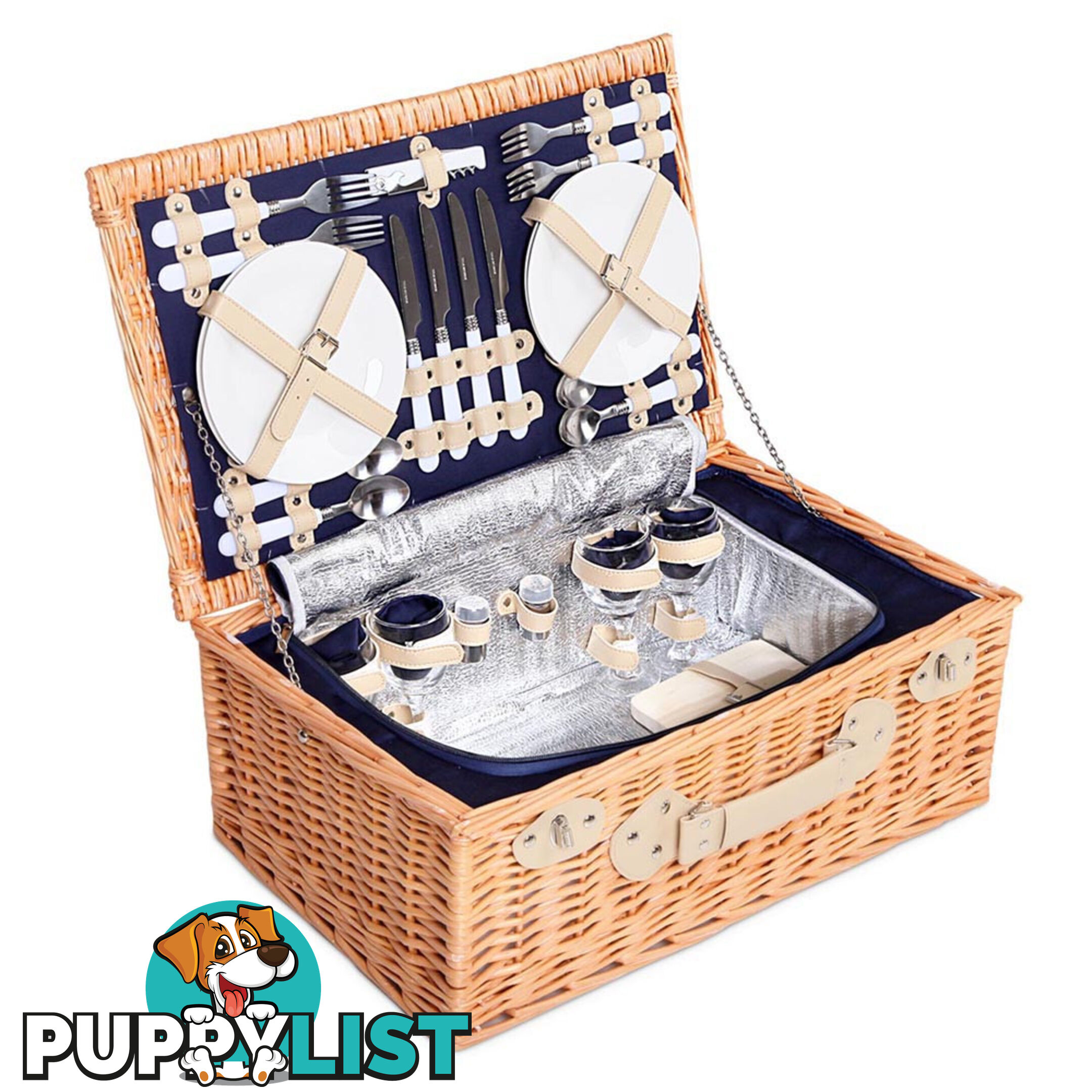 4 Person Picnic Basket Set with Cooler Bag Blanket - Navy