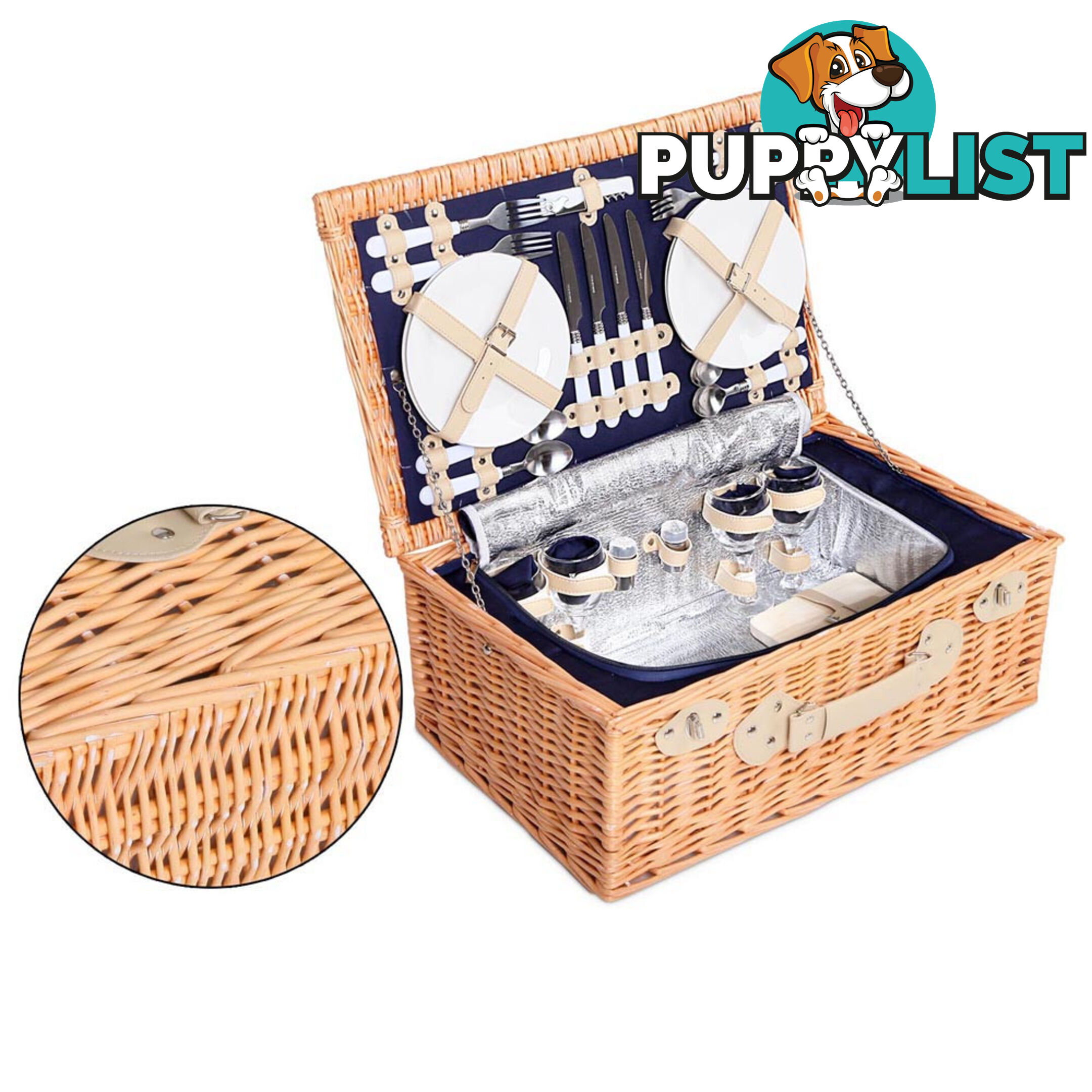 4 Person Picnic Basket Set with Cooler Bag Blanket - Navy