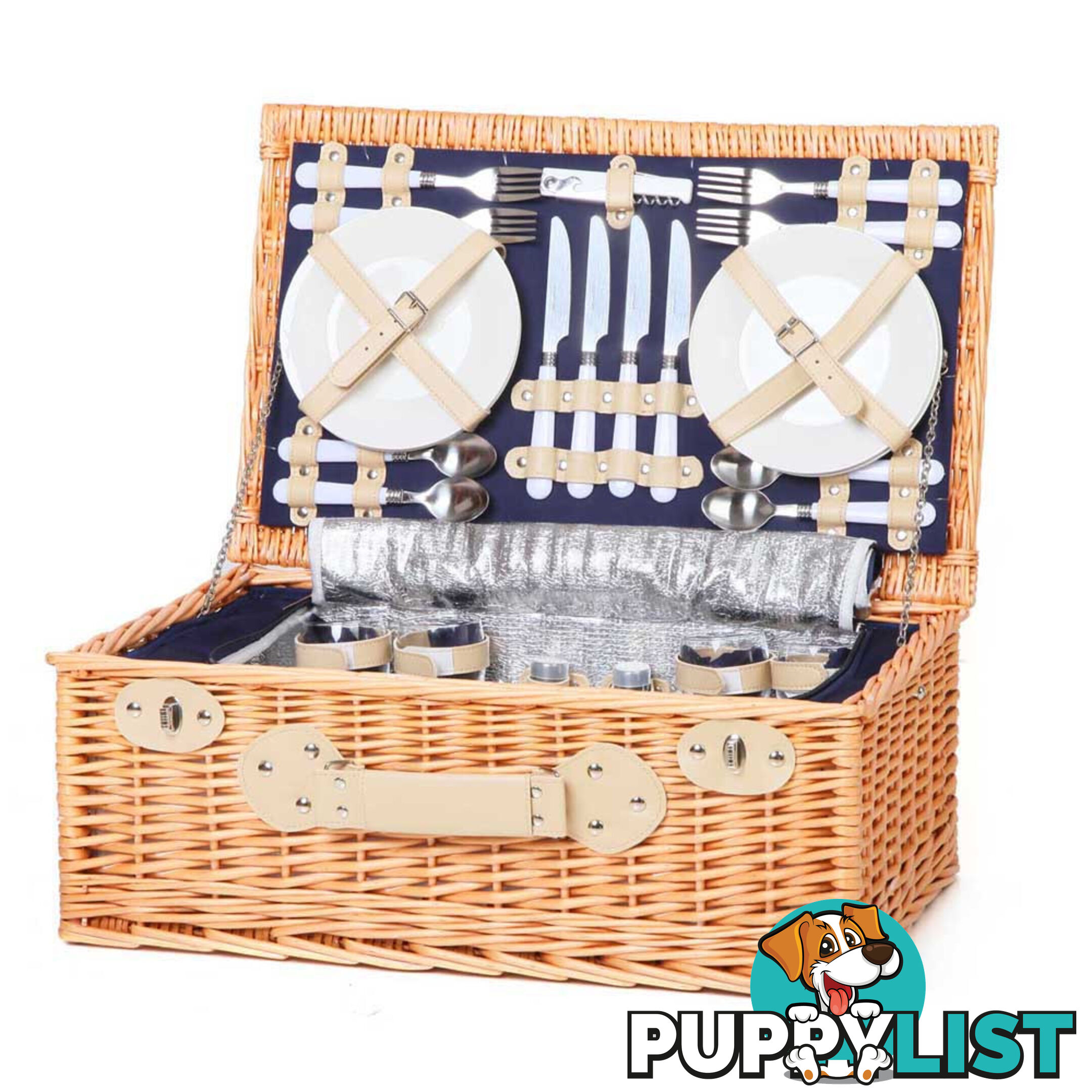 4 Person Picnic Basket Set with Cooler Bag Blanket - Navy