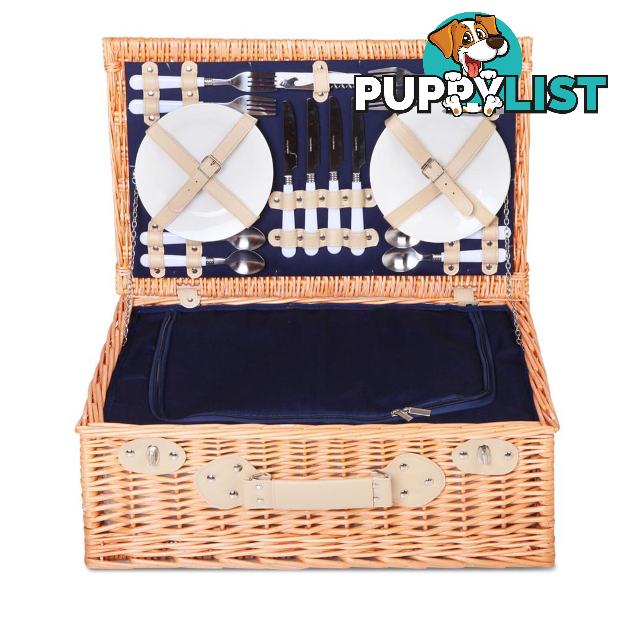 4 Person Picnic Basket Set with Cooler Bag Blanket - Navy