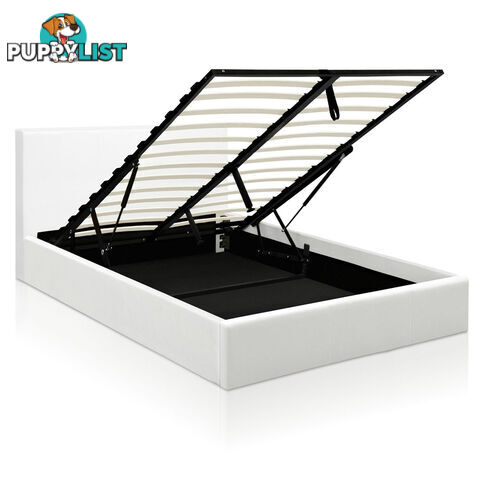 Deluxe Gas Lift PU Leather Storage Bed Frame Double White