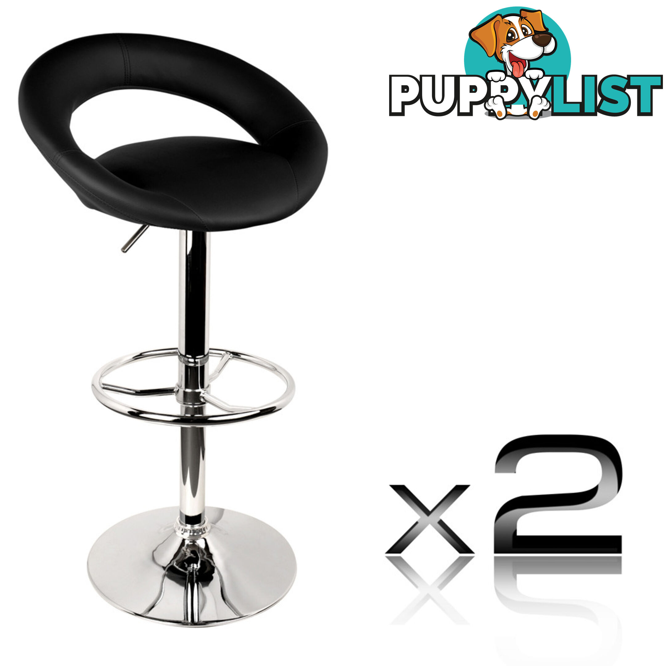 Set of 2 PU Leather Kitchen Bar Stool Black