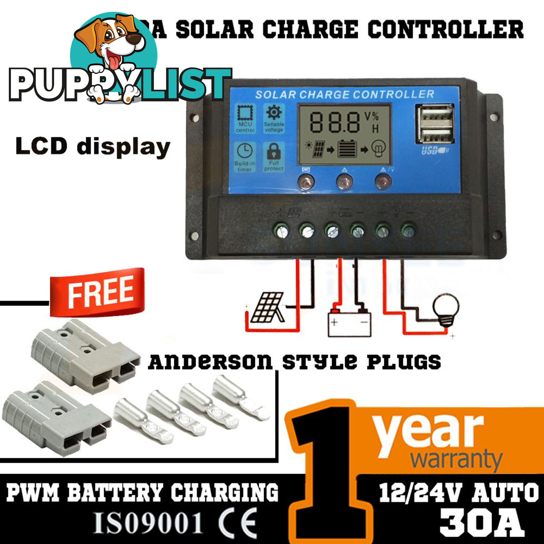 30A 12V-24V LCD Display PWM Solar Panel Regulator Charge Controller & Timer PWN