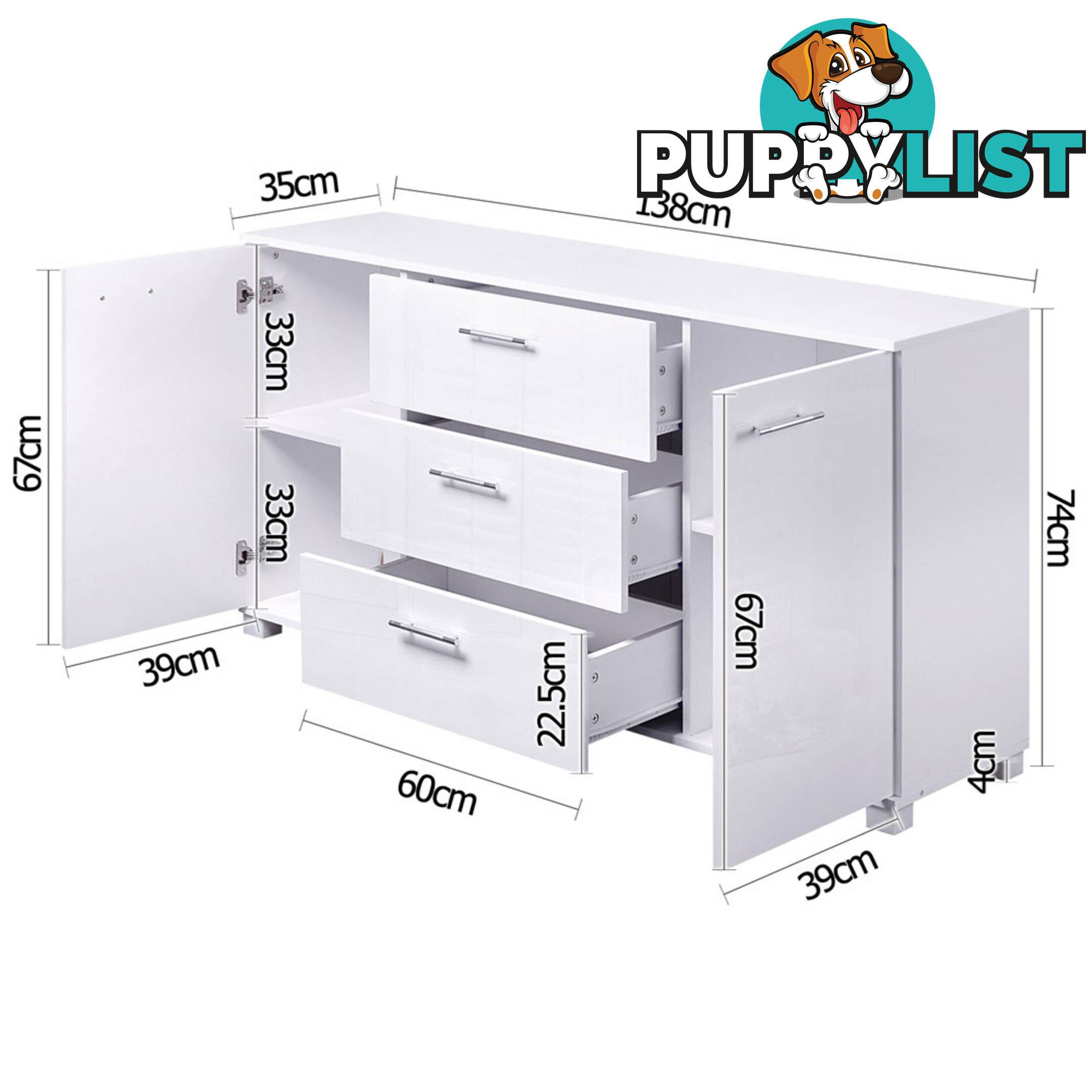 High Gloss Sideboard Storage Cabinet Cupboard White