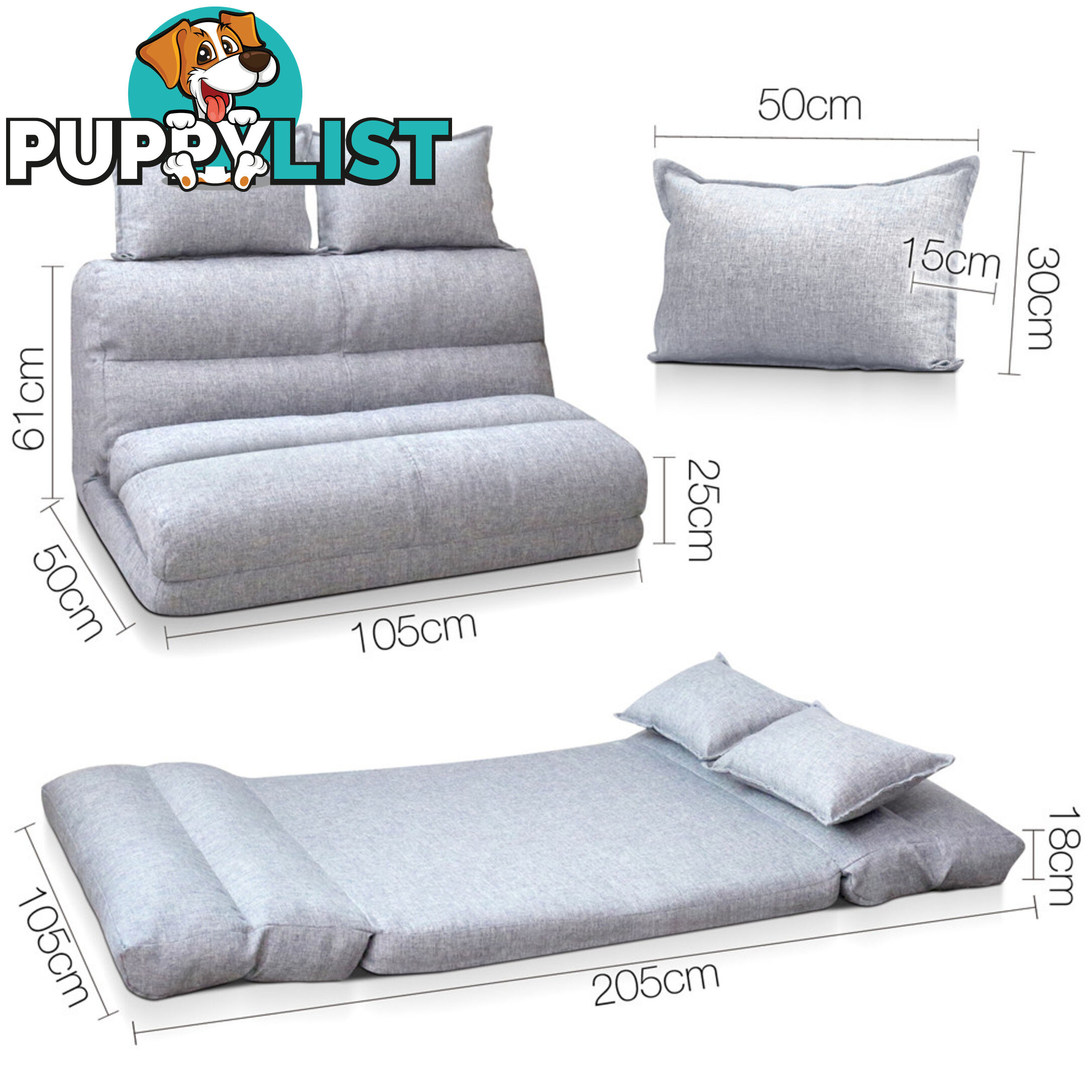 Double Size Adjustable Lounge Sofa - 5 positions Grey