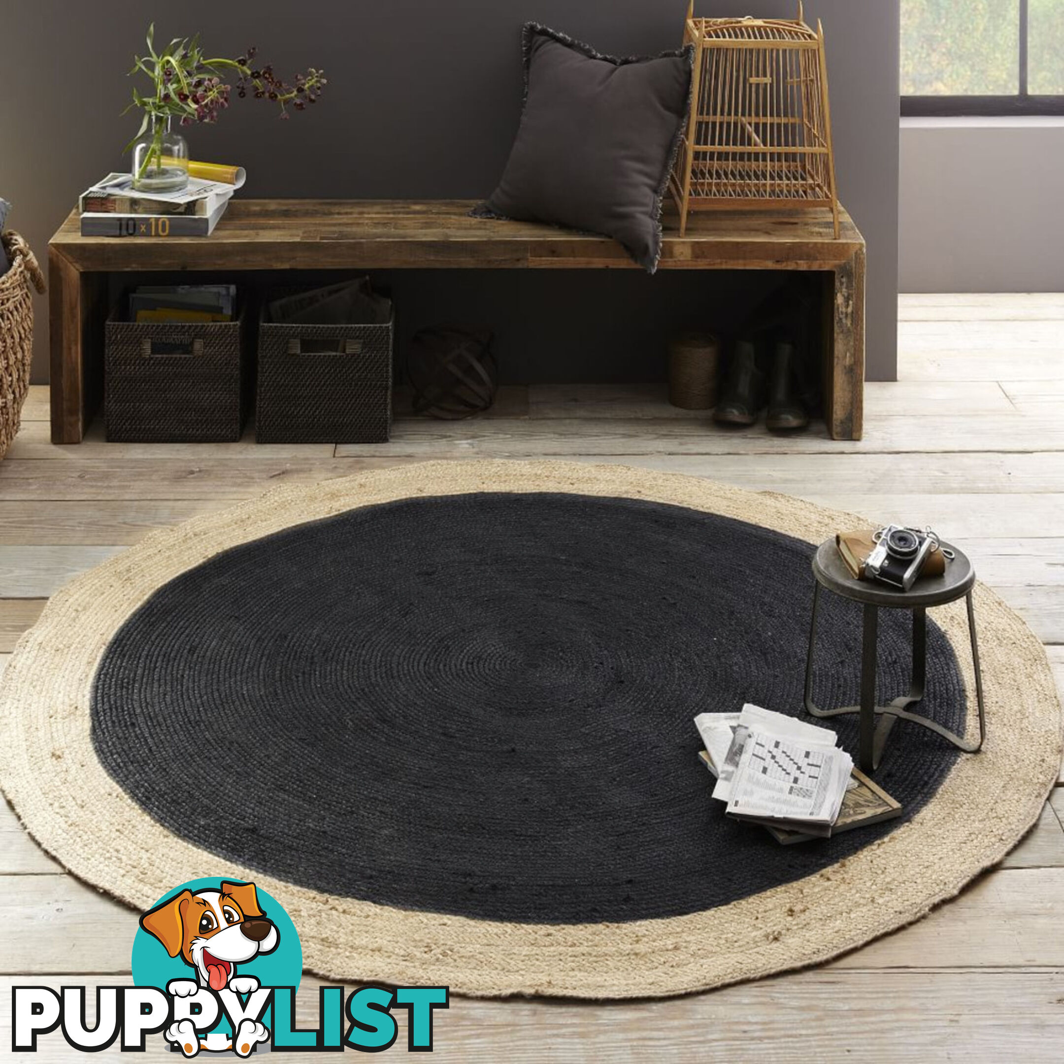 Jute Round Black Rug Black & Natural 120x120cm