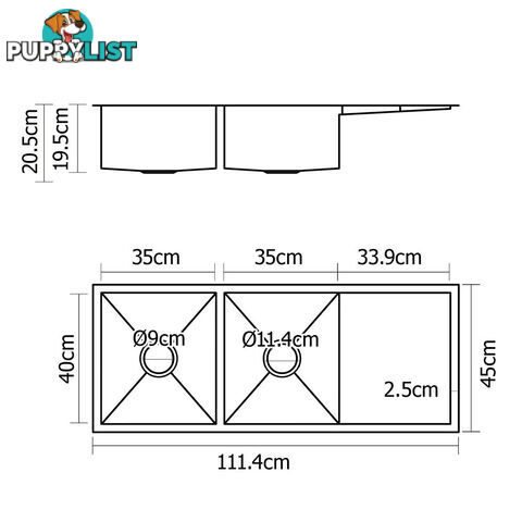 Stainless Steel Kitchen/Laundry Sink w/ Strainer Waste 1135 x 450mm