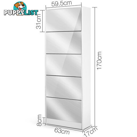 Mirrored Shoe Cabinet Storage 5 Drawers Shelf White