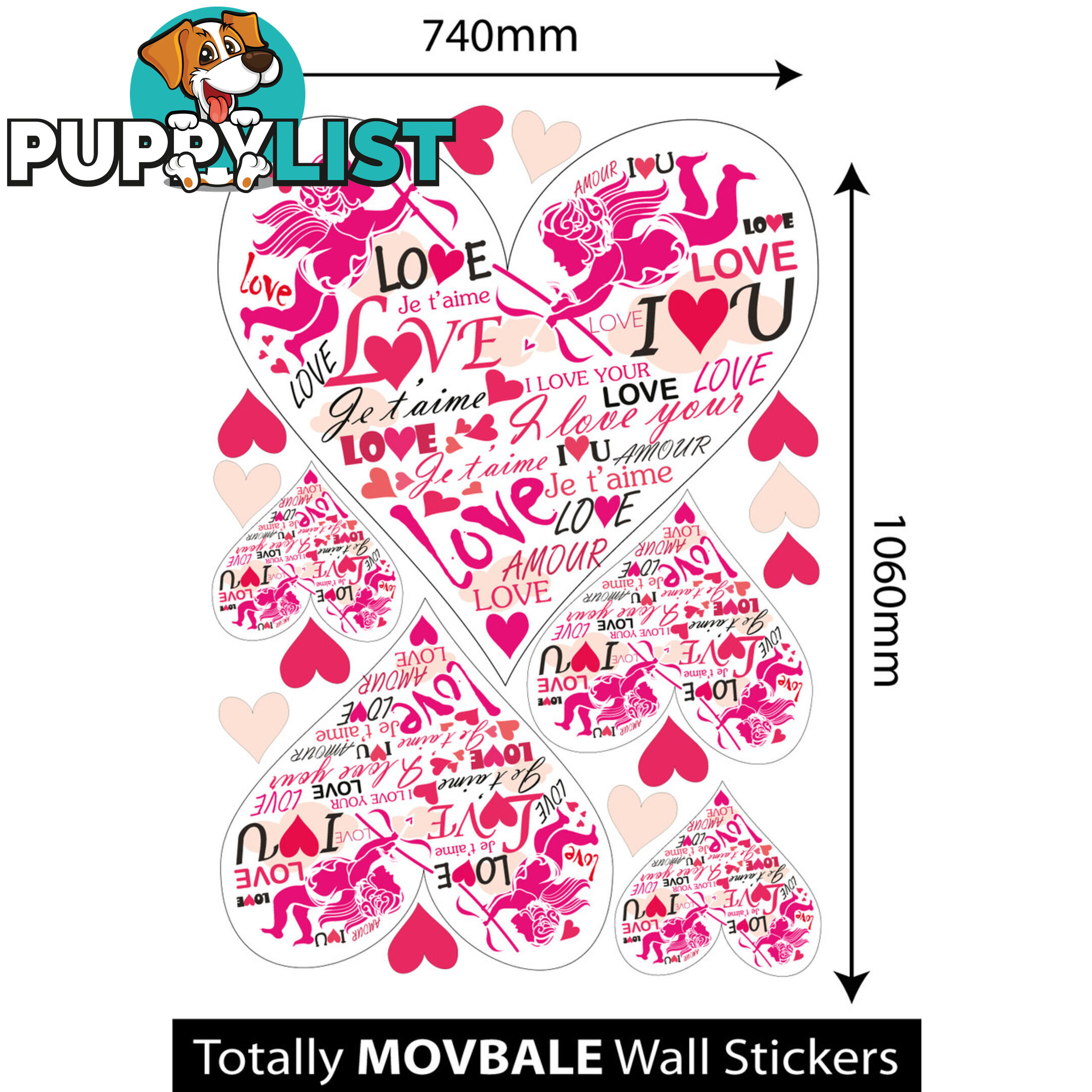 Extra Large Size Pink Cupid Love Hearts Wall Stickers - Totally Movable